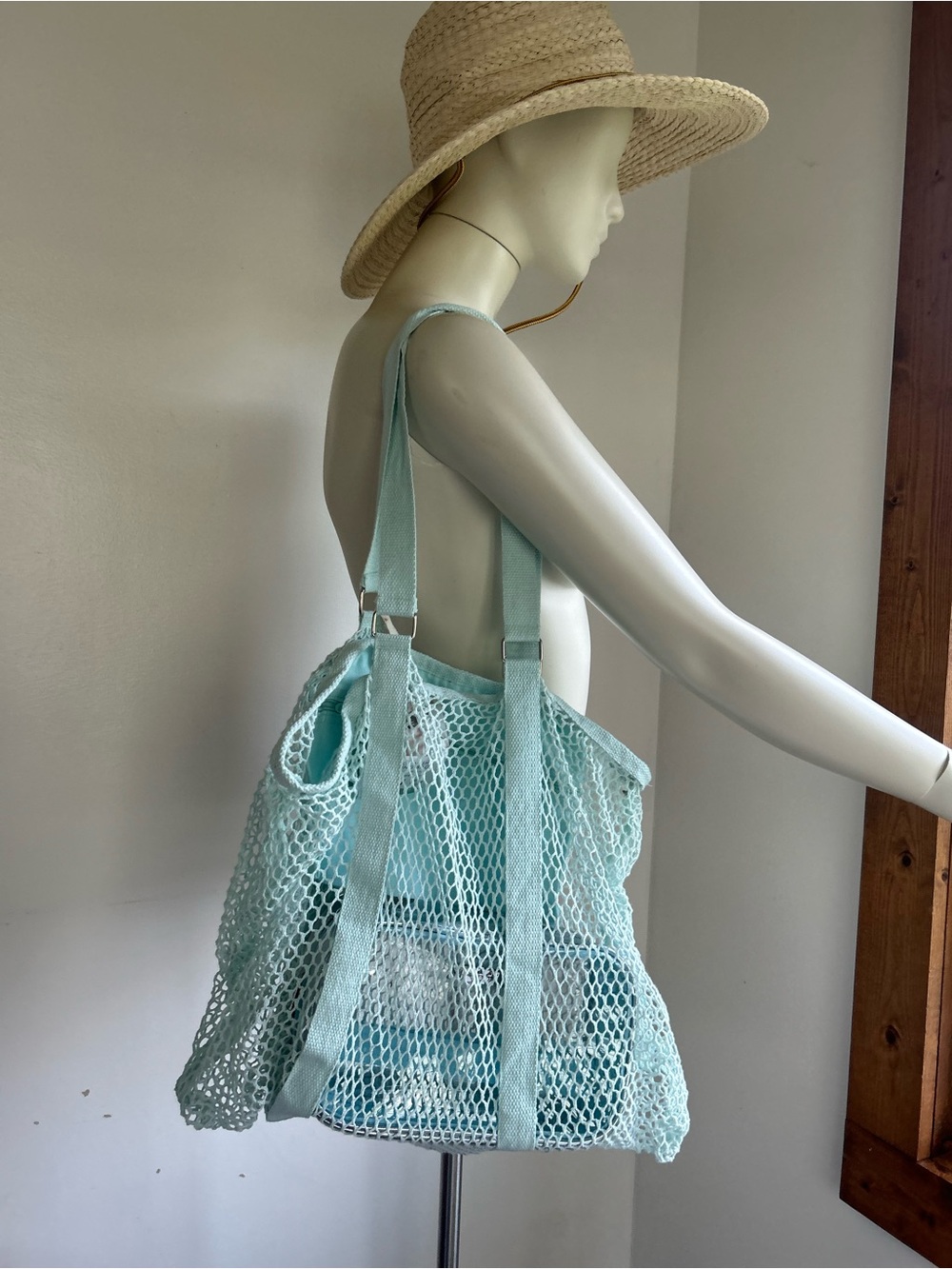 Eco Light Blue 100% cotton Mesh Tote Bag - Casual Beach & Market Shopper